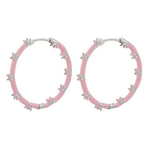Pink Enamel Hoop Earrings with Silver Accents - Women Jewelry